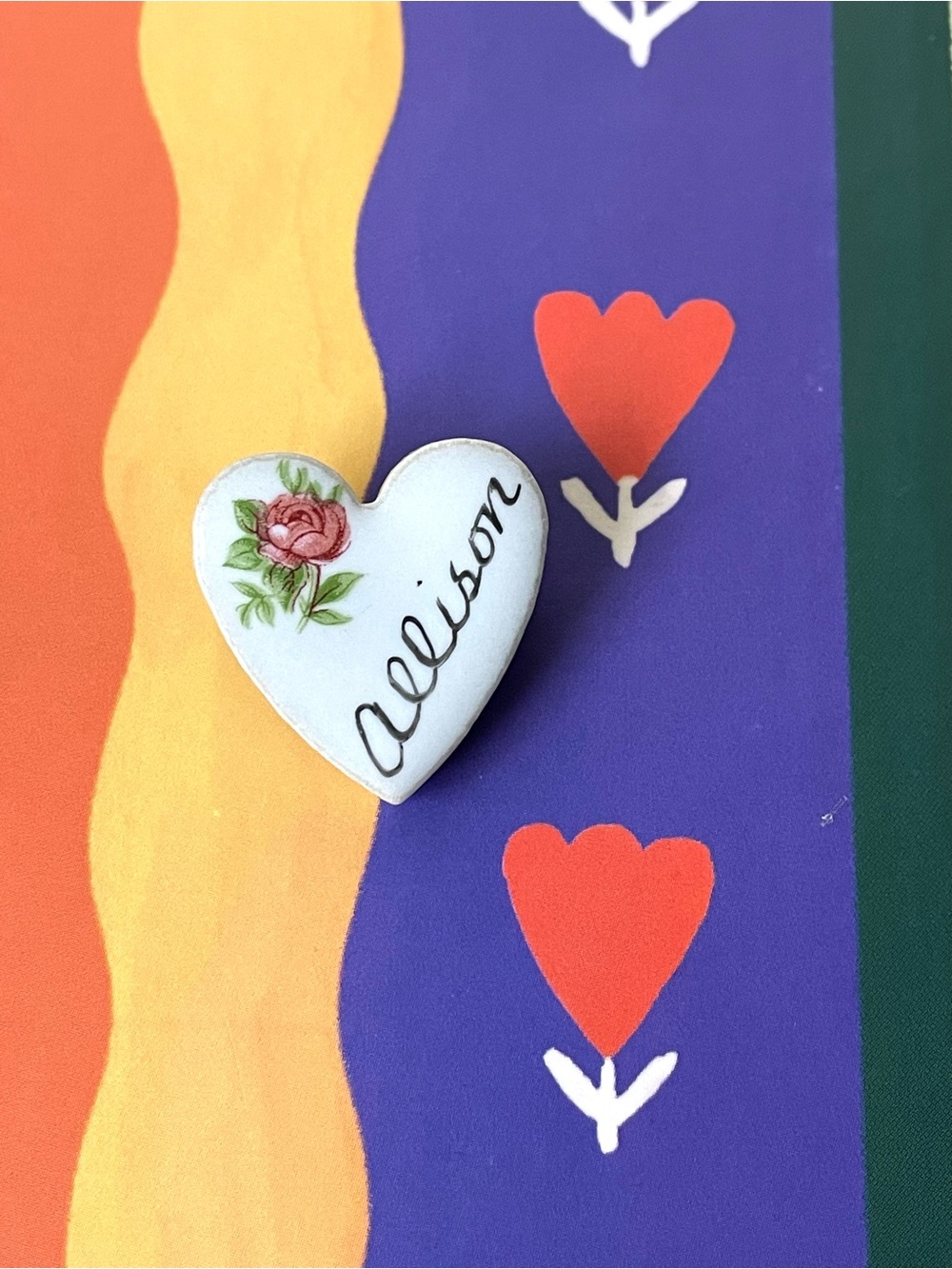 Vintage ceramic heart pin brooch script Allison pink rose cottagecore twee